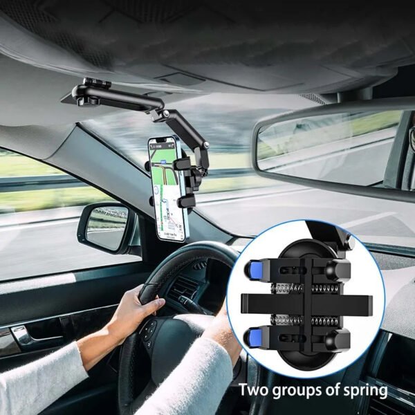 حامل هاتف للسيارة يثبت على المرآة الأمامية – ذراع قابلة للتعديل ومشبك ثنائي الزنبرك