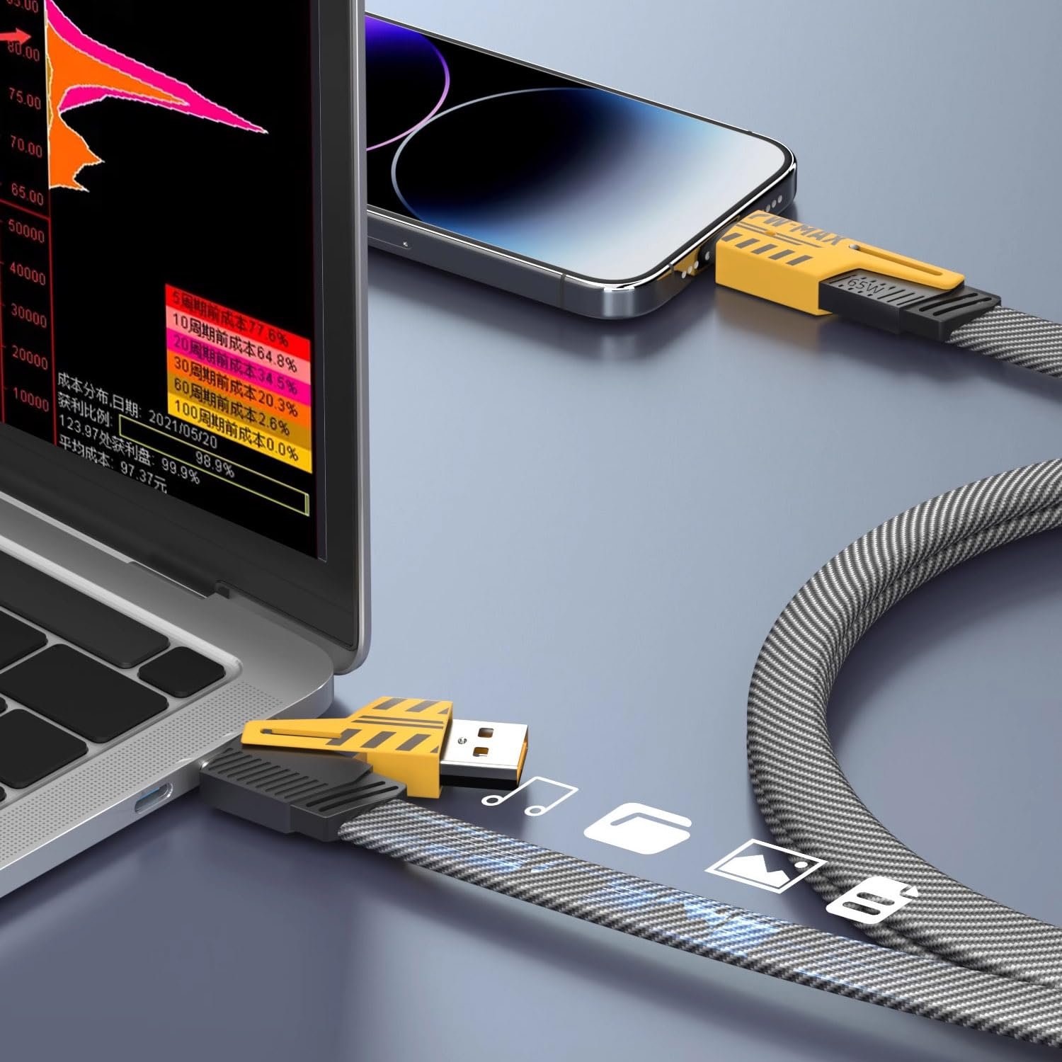 كابل شاحن USB متعدد 15 سم، شحن سريع 65 واط 3 في 1 (Lightning, Type-C & Micro USB) - الصورة 3